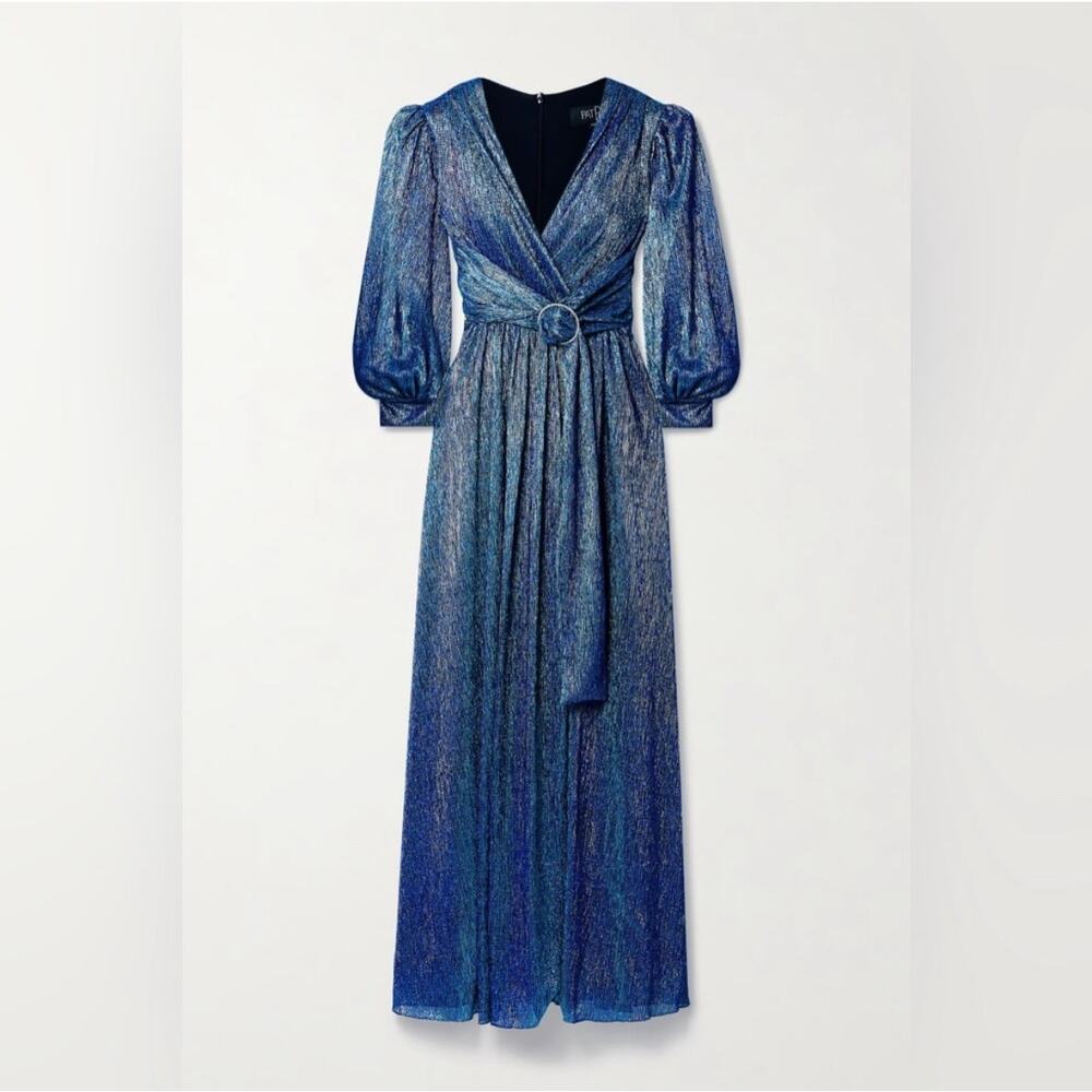 NWT PatBo Crystal-Embellished Metallic Belted Lamé Maxi Dress Size 6 $895